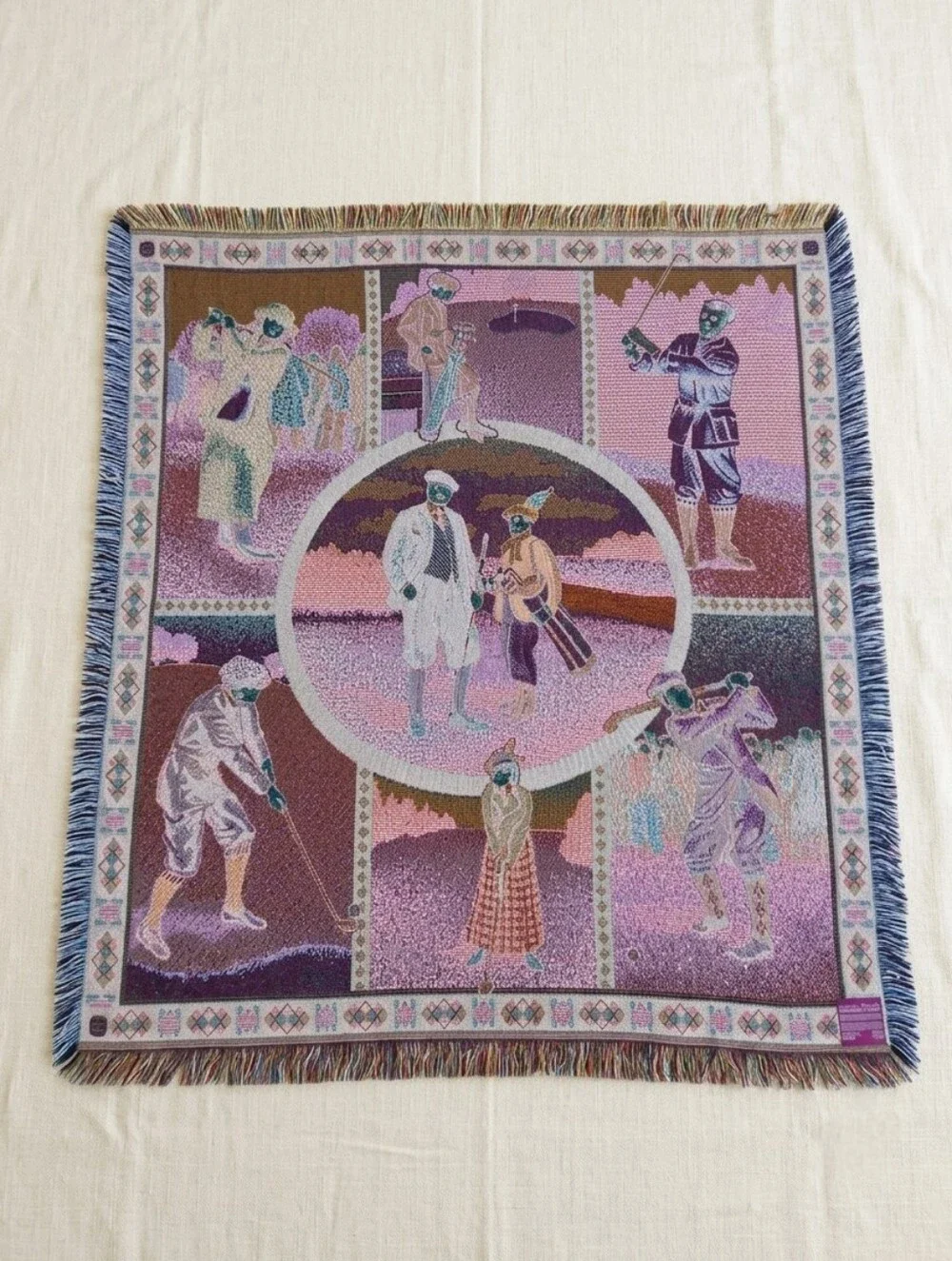Vintage Golf Tapestry Blanket Woven Fringe Throw Country Club Decor Dad Gift Art